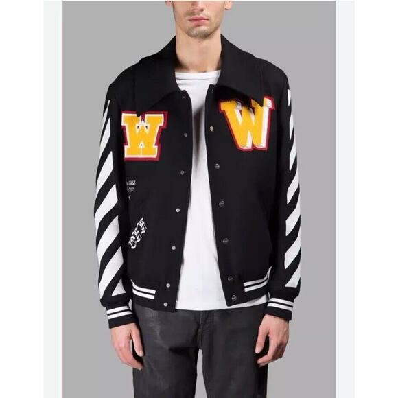 Off White C/O Virgil Abloh 2016/2017 Black Wool Snap Front Varsity Jacket XS